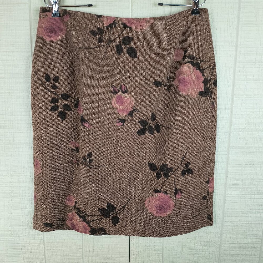 Vintage Ann Taylor Loft Wool Blend Straight Skirt Brown Pink Rose Floral Print